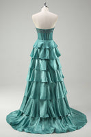 Load image into Gallery viewer, Tiered Peacock Green Strapless Long Prom Dress with Beading