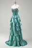 Load image into Gallery viewer, Tiered Peacock Green Strapless Long Prom Dress with Beading