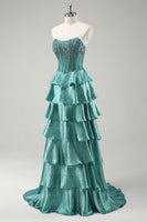 Load image into Gallery viewer, Tiered Peacock Green Strapless Long Prom Dress with Beading