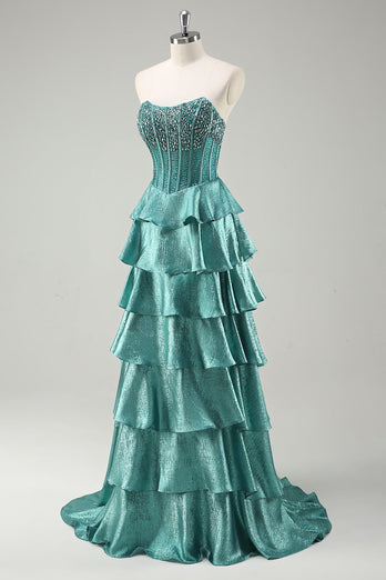 Tiered Peacock Green Strapless Long Prom Dress with Beading