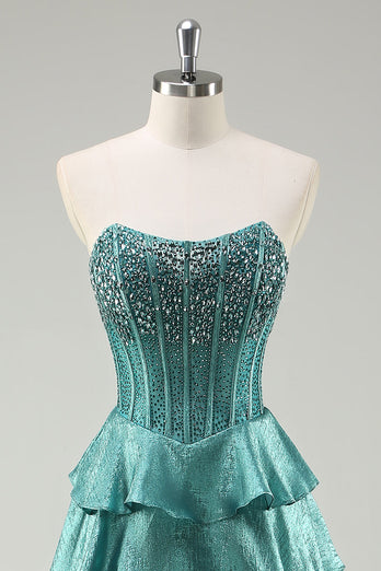 Tiered Peacock Green Strapless Long Prom Dress with Beading