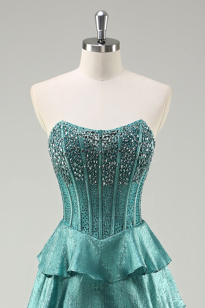 Load image into Gallery viewer, Tiered Peacock Green Strapless Long Prom Dress with Beading