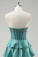 Load image into Gallery viewer, Tiered Peacock Green Strapless Long Prom Dress with Beading