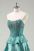 Load image into Gallery viewer, Tiered Peacock Green Strapless Long Prom Dress with Beading