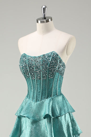 Tiered Peacock Green Strapless Long Prom Dress with Beading