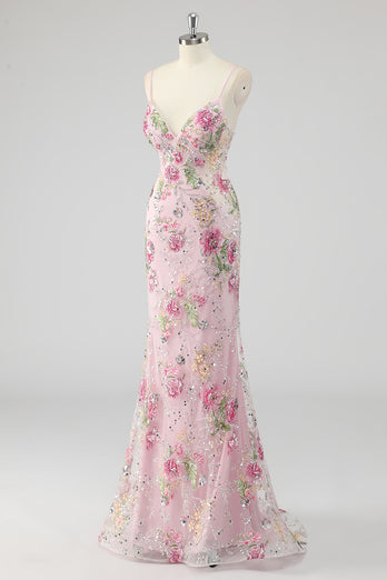 Navy Mermaid Sparkly Sequins Floral Print Long Prom Dress