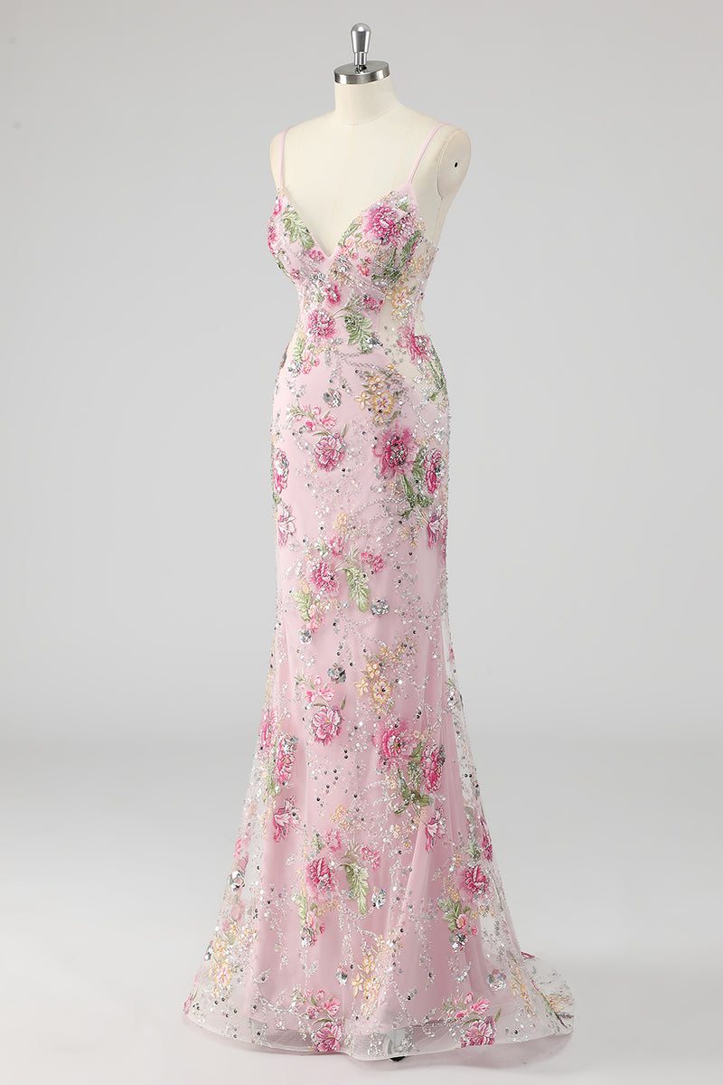 Load image into Gallery viewer, Navy Mermaid Sparkly Sequins Floral Print Long Prom Dress