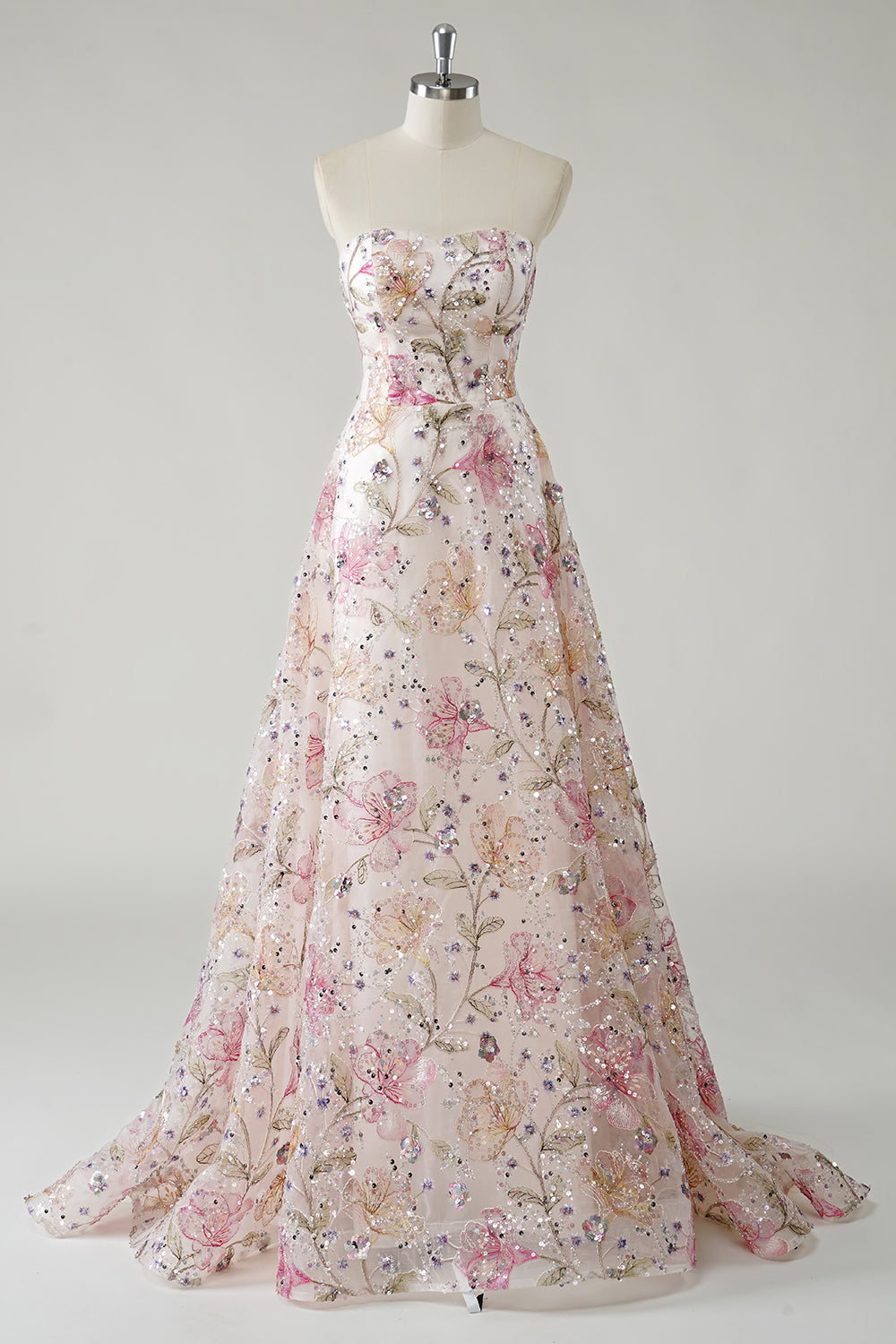 Sparkly Pink A Line Strapless Floral Sequin Long Prom Dress