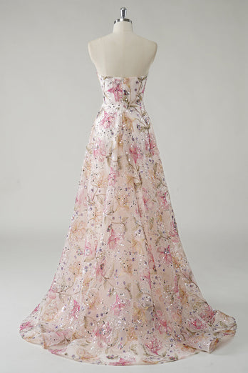 Sparkly Pink A Line Strapless Floral Sequin Long Prom Dress