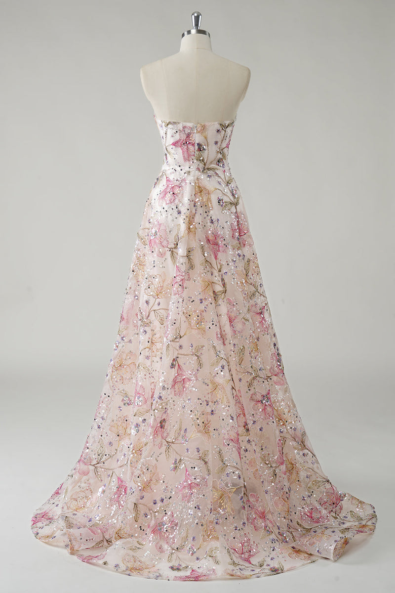 Load image into Gallery viewer, Sparkly Pink A Line Strapless Floral Sequin Long Prom Dress