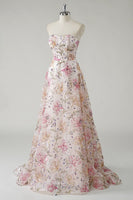 Load image into Gallery viewer, Sparkly Pink A Line Strapless Floral Sequin Long Prom Dress
