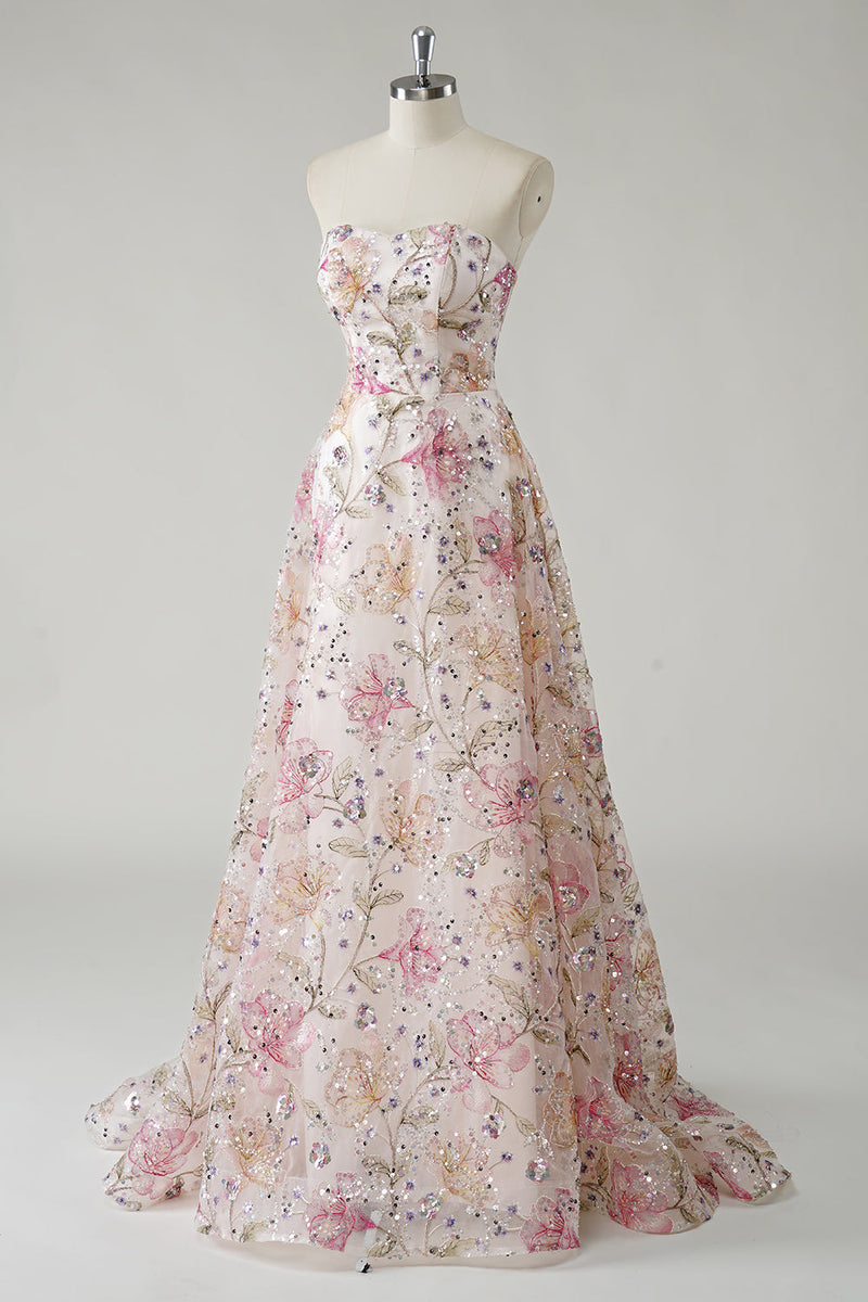 Load image into Gallery viewer, Sparkly Pink A Line Strapless Floral Sequin Long Prom Dress