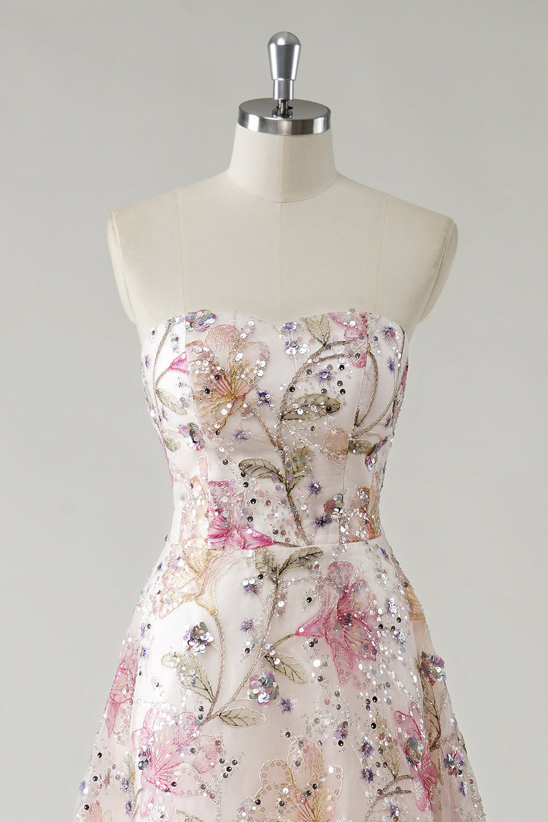 Load image into Gallery viewer, Sparkly Pink A Line Strapless Floral Sequin Long Prom Dress