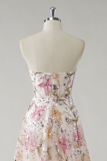 Sparkly Pink A Line Strapless Floral Sequin Long Prom Dress