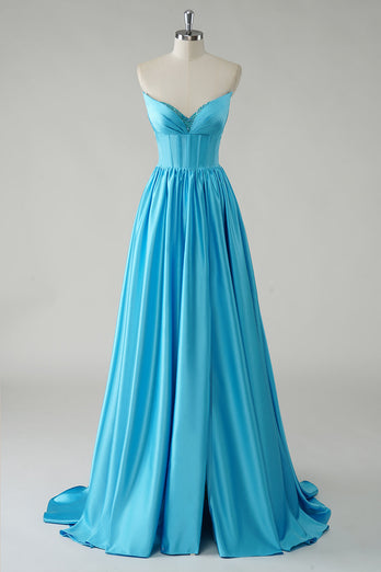 Sparkly A Line Blue Strapless Sequin Corset Long Prom Dress