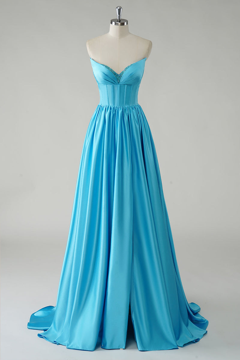 Load image into Gallery viewer, Sparkly A Line Blue Strapless Sequin Corset Long Prom Dress