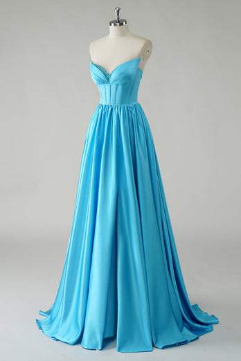 Sparkly A Line Blue Strapless Sequin Corset Long Prom Dress