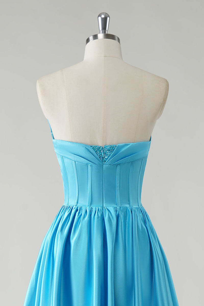 Load image into Gallery viewer, Sparkly A Line Blue Strapless Sequin Corset Long Prom Dress