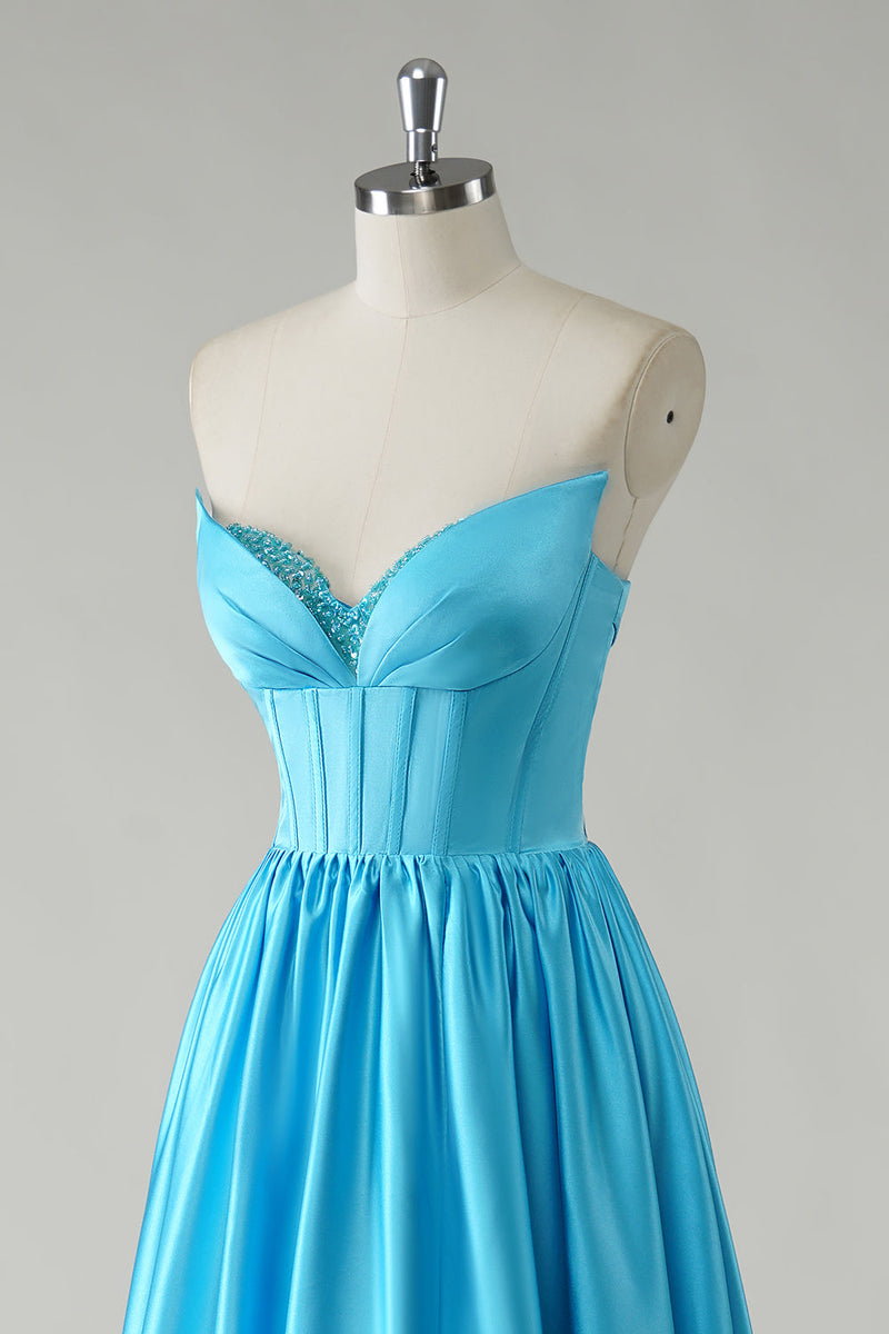 Load image into Gallery viewer, Sparkly A Line Blue Strapless Sequin Corset Long Prom Dress