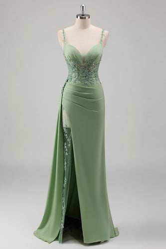 Light Green Mermaid Appliques Prom Dress with Slit