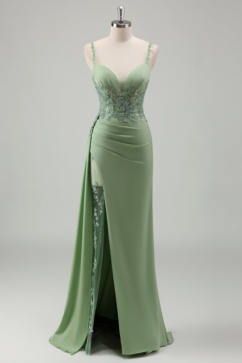Load image into Gallery viewer, Light Green Mermaid Appliques Prom Dress with Slit