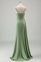 Load image into Gallery viewer, Light Green Mermaid Appliques Prom Dress with Slit