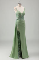 Load image into Gallery viewer, Light Green Mermaid Appliques Prom Dress with Slit