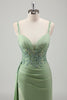 Load image into Gallery viewer, Light Green Mermaid Appliques Prom Dress with Slit
