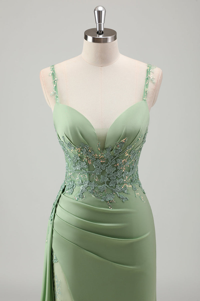 Load image into Gallery viewer, Light Green Mermaid Appliques Prom Dress with Slit