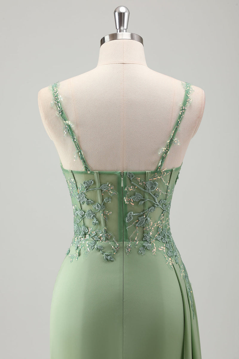 Load image into Gallery viewer, Light Green Mermaid Appliques Prom Dress with Slit