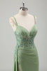 Load image into Gallery viewer, Light Green Mermaid Appliques Prom Dress with Slit