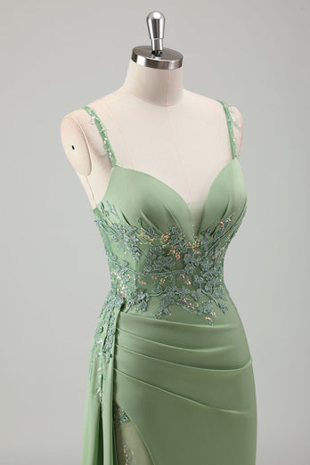 Light Green Mermaid Appliques Prom Dress with Slit
