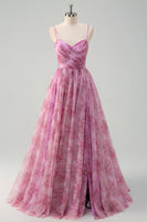 Load image into Gallery viewer, Pinkish Purple A Line Floral Spaghetti Straps Long Prom Dress