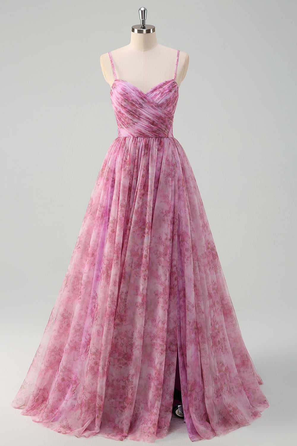 Pinkish Purple A Line Floral Spaghetti Straps Long Prom Dress