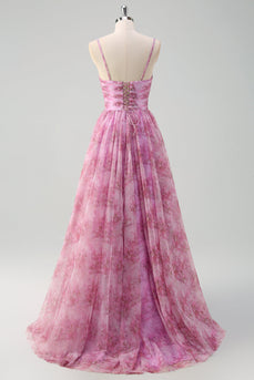Pinkish Purple A Line Floral Spaghetti Straps Long Prom Dress