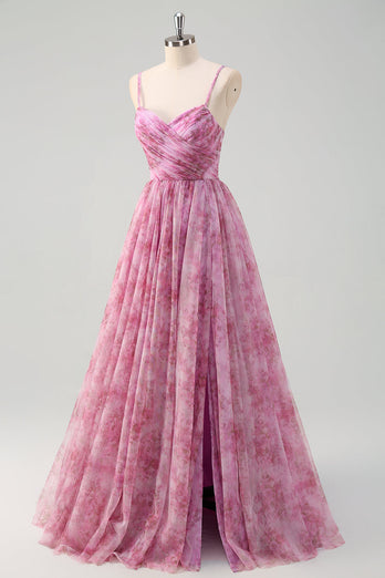 Pinkish Purple A Line Floral Spaghetti Straps Long Prom Dress