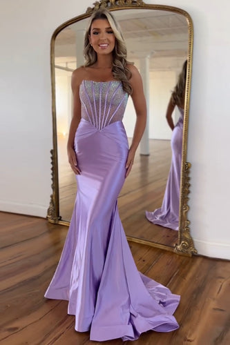 Purple Sparkly Beaded Corset Strapless Prom Dress