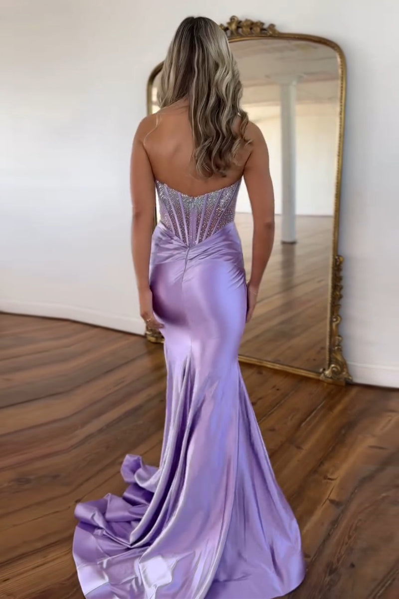 Load image into Gallery viewer, Purple Sparkly Beaded Corset Strapless Prom Dress