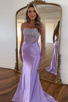 Load image into Gallery viewer, Purple Sparkly Beaded Corset Strapless Prom Dress