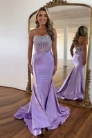 Load image into Gallery viewer, Purple Sparkly Beaded Corset Strapless Prom Dress