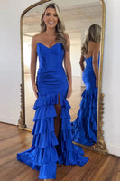 Load image into Gallery viewer, Royal Blue Corset Tiered Strapless Long Prom Dress with Slit