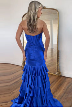 Royal Blue Corset Tiered Strapless Long Prom Dress with Slit