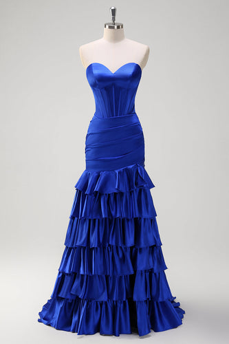 Royal Blue Strapless Mermaid Corset Tiered Prom Dress