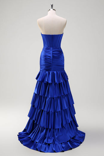 Royal Blue Strapless Mermaid Corset Tiered Prom Dress