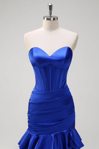 Royal Blue Strapless Mermaid Corset Tiered Prom Dress