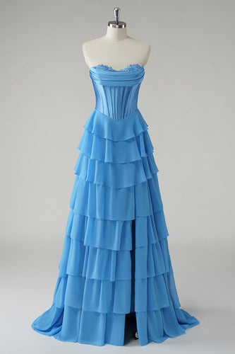 Blue Sweetheart A Line Ruffled Long Prom Dress