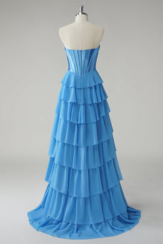Blue Sweetheart A Line Ruffled Long Prom Dress