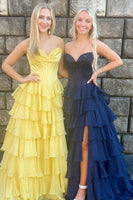 Load image into Gallery viewer, Black Tiered Corset Strapless A Line Long Prom Dress