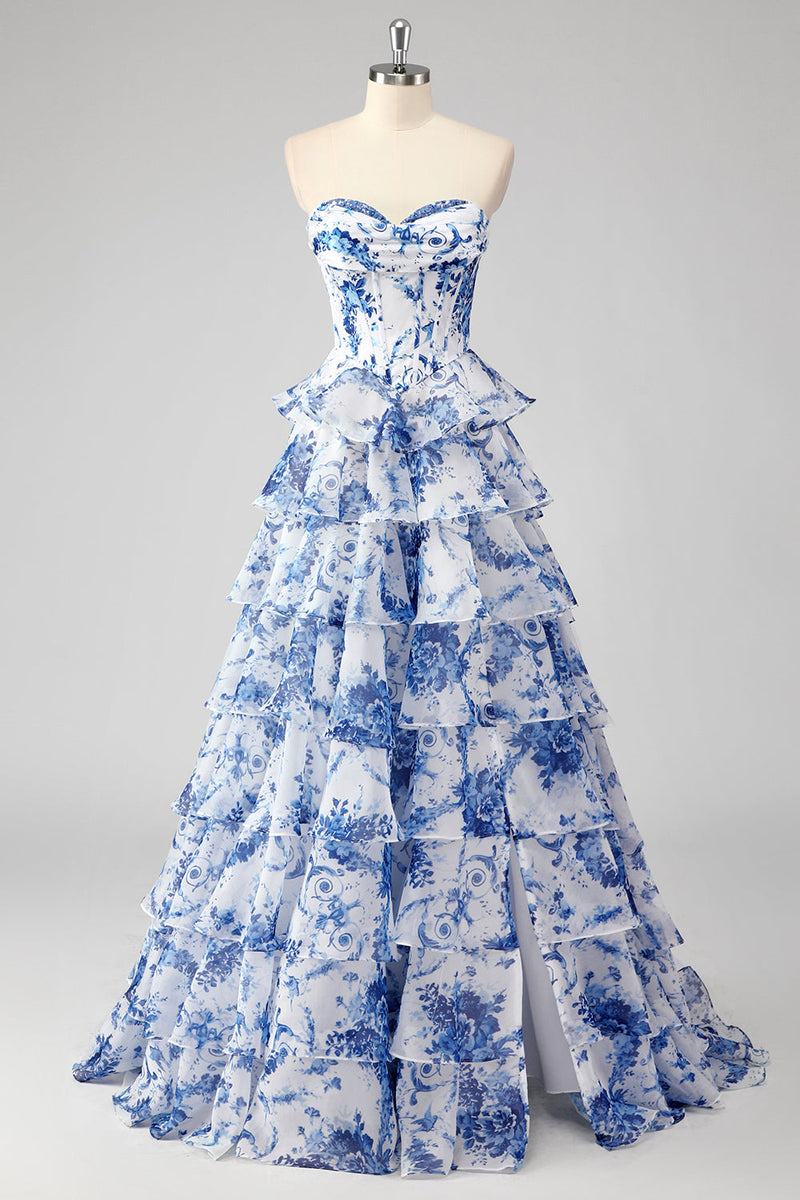 Load image into Gallery viewer, Blush Floral A Line Strapless Corset Tiered Prom Dress