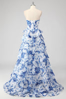 Load image into Gallery viewer, Blue White Flower A Line Tiered Long Prom Dress with Slit